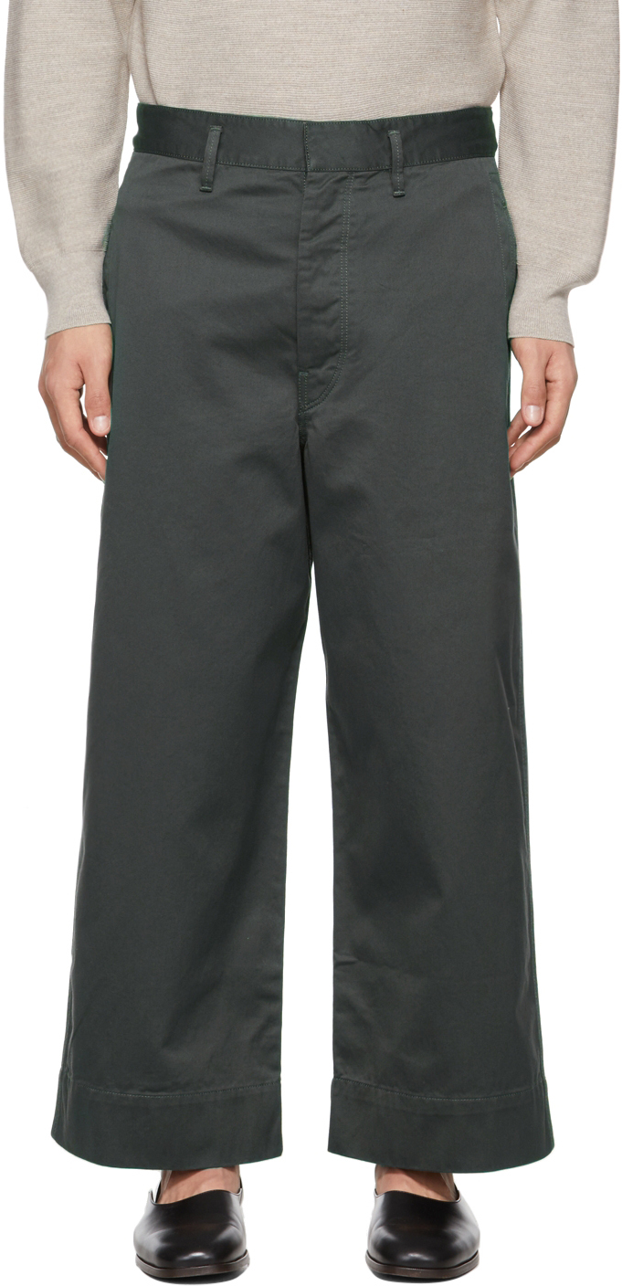 LEMAIRE: Green Cropped Large Trousers | SSENSE Canada