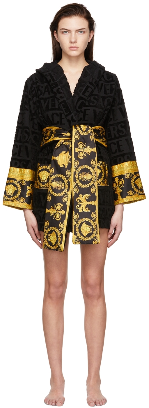 Versace Black Short 'i Heart Baroque' Hooded Robe In Z4800 Nero