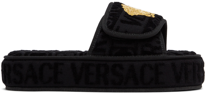 Versace Underwear Black Jacquard Logo Medusa Sandals