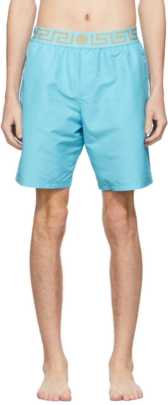 Ssense Uomo Sport & Swimwear Costumi da bagno Pantaloncini da bagno Blue Mid-Length Greca Border Swim Shorts 