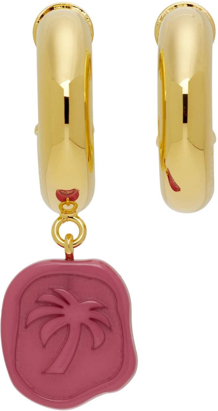 Palm Angels Stamp Oval Mismatched Earrings In Gold,fuchsia