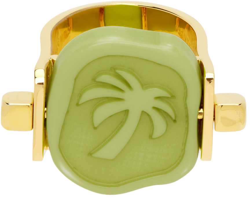 Palm Angels Gold & Green Seal Ring In Gold Green