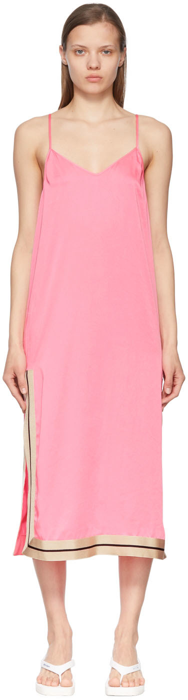 Shop Palm Angels Pink Polyester Midi Dress In Fuchsia Off White