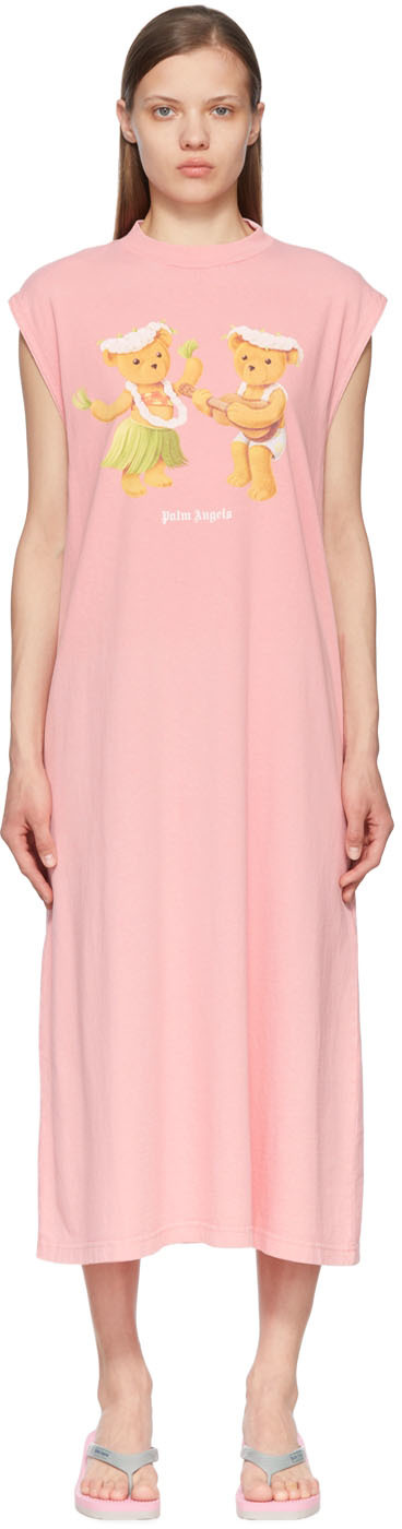 PALM ANGELS PINK DANCING BEAR MIDI DRESS