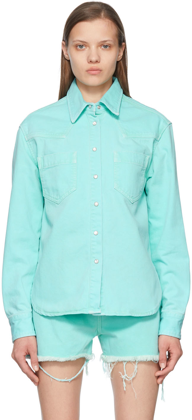 Palm Angels Blue Denim Shirts In Fluo Green