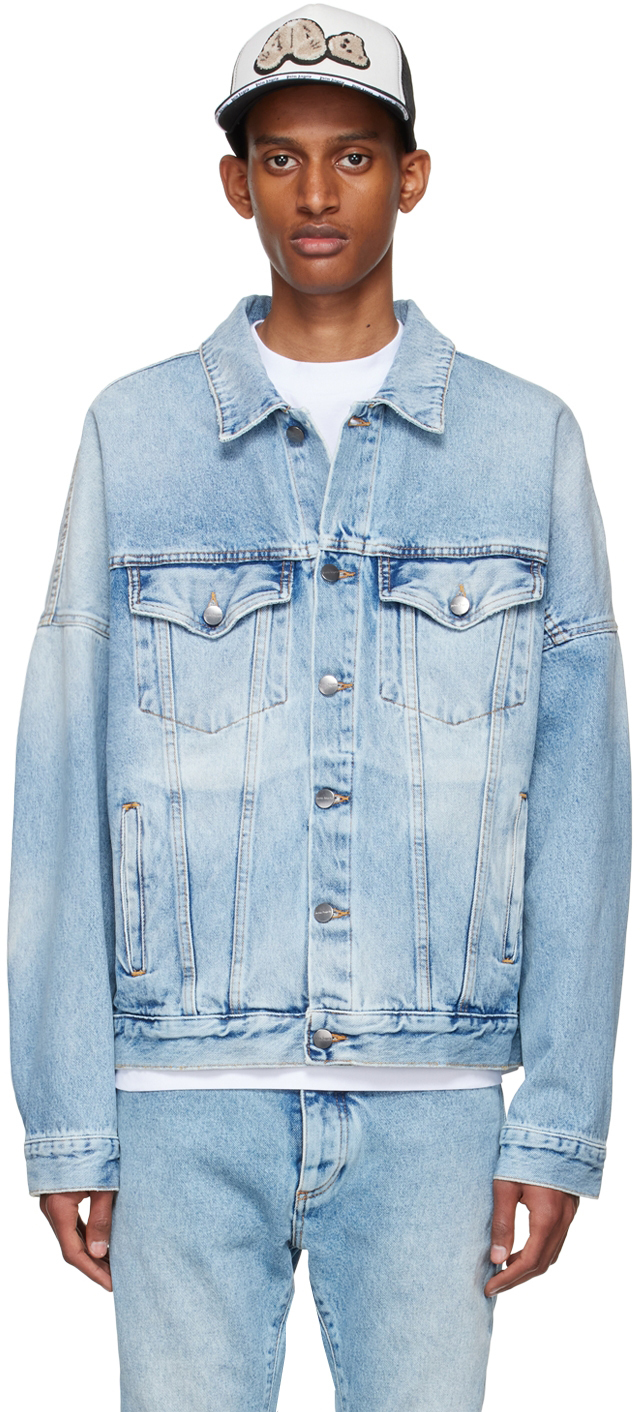 Palm Angels Brand-print Faded Denim Jacket In Blue White | ModeSens