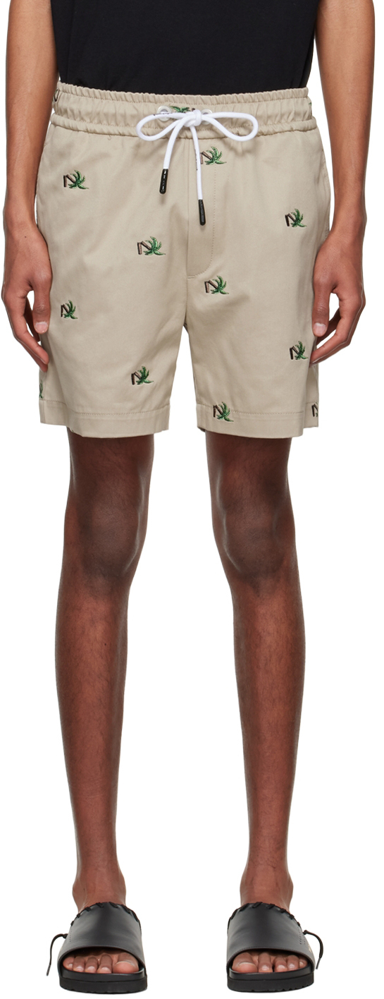 Palm Angels Palm Tree-print Drawstring Shorts In Beige/green