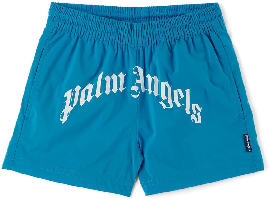 PALM ANGELS KIDS BLUE LOGO SWIM SHORTS