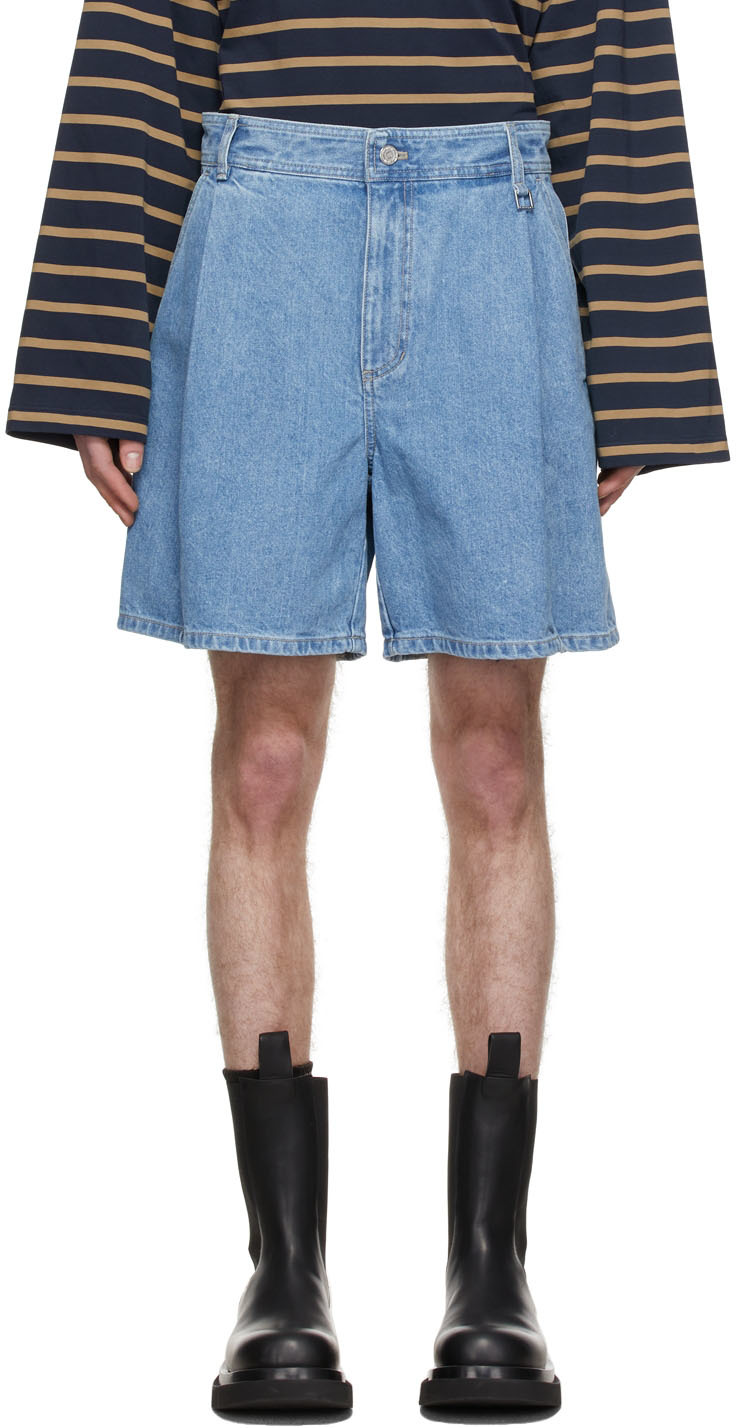 Blue Pleated Denim Shorts