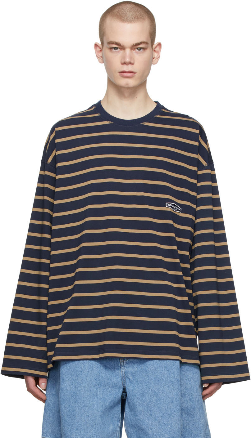 Wooyoungmi Navy & Khaki Striped Logo T-Shirt