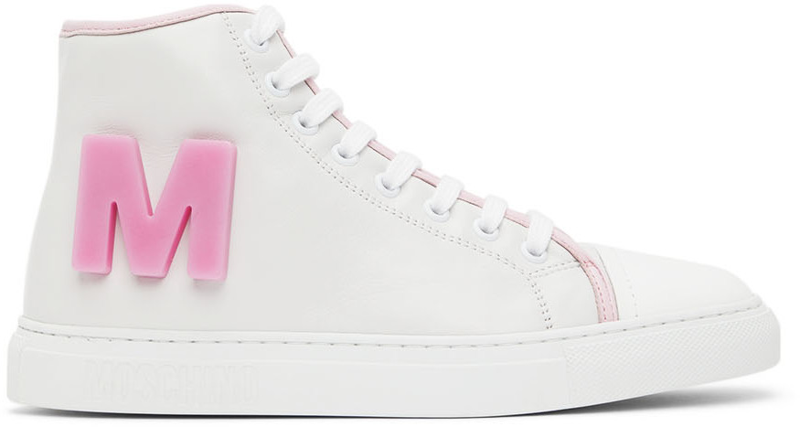 Moschino White Leather High-Top Sneakers