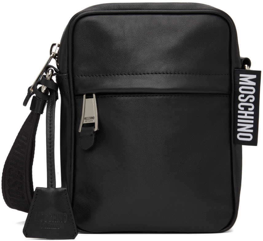 Moschino: Black Leather Logo Messenger Bag | SSENSE