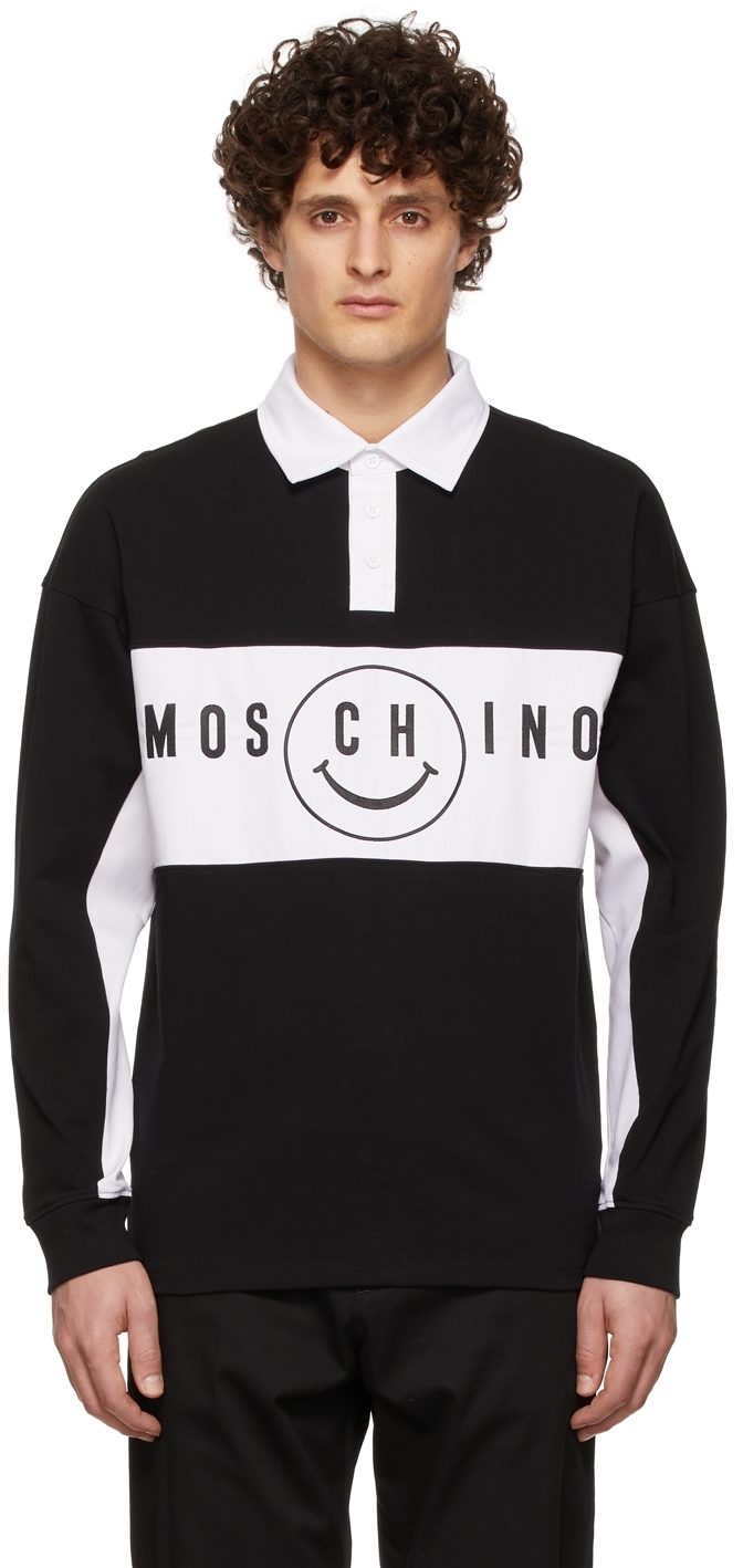 Moschino Black & White Smiley Edition Thick Long Sleeve Polo