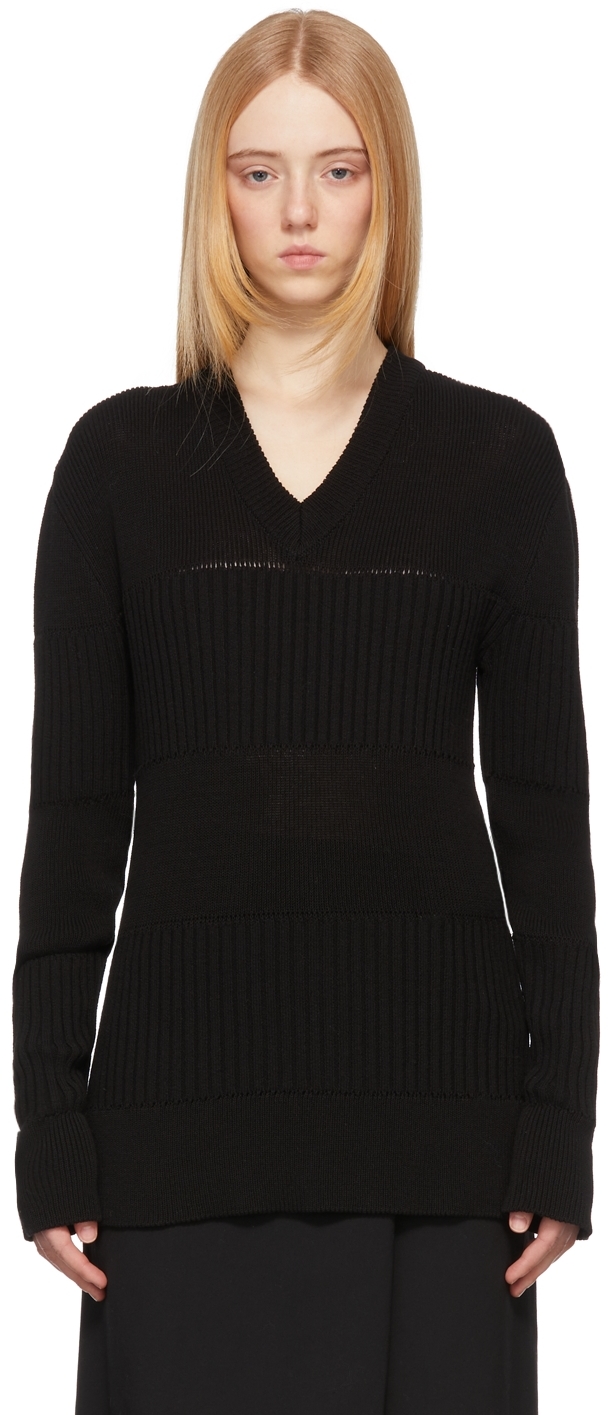 TheOpen Product Black Rib Knit Block VNeck Sweater SSENSE