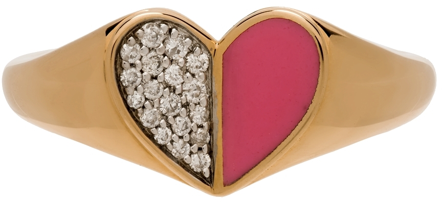 Adina Reyter Gold & Pink Ceramic Pavé Folded Heart Ring