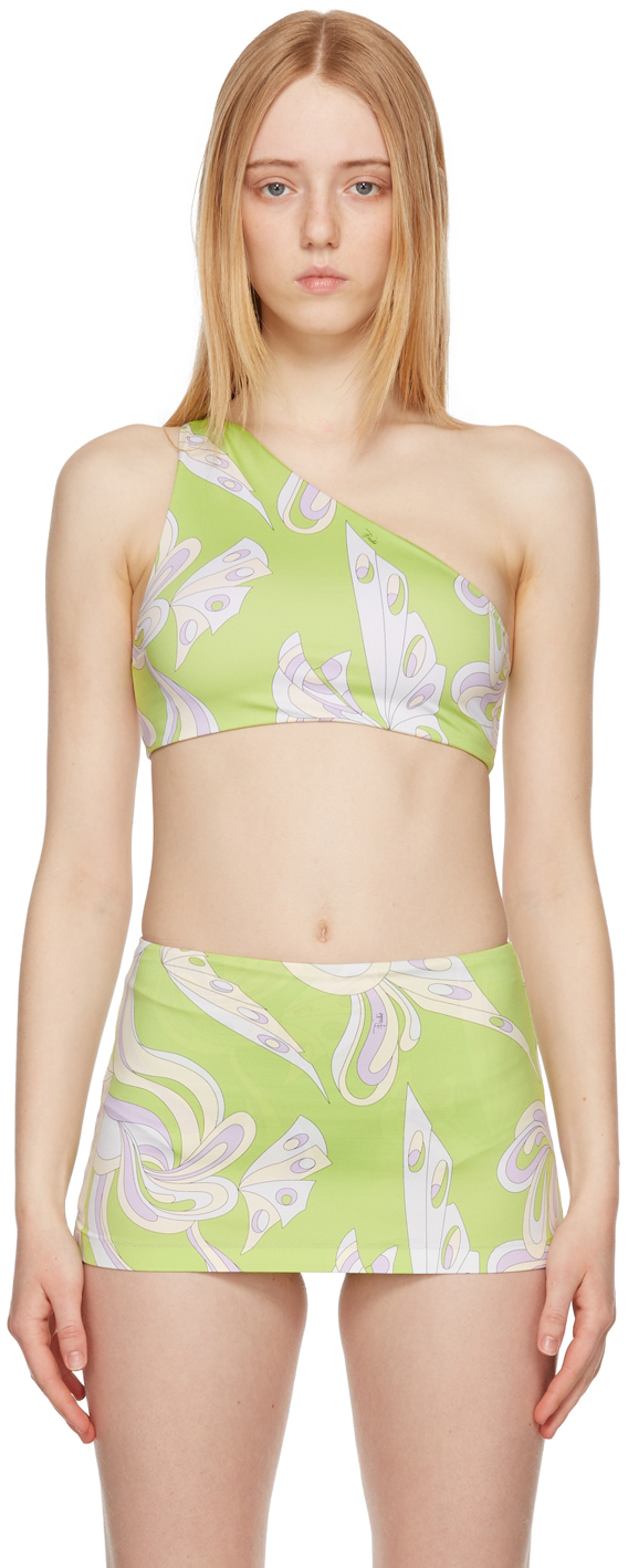 Emilio Pucci Green Farfalle One-shoulder Bikini Top In 011-verde