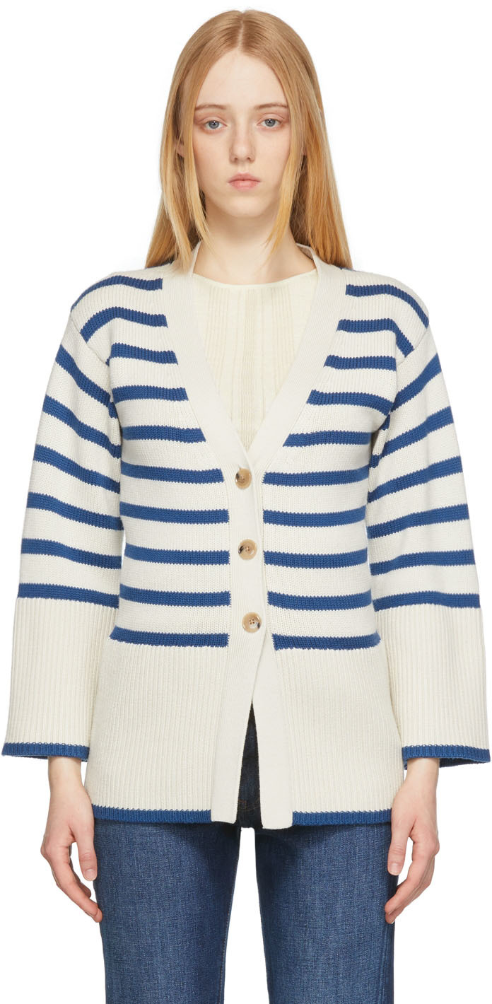 Off-White & Blue Signature Stripe Cardigan by TOTEME on Sale