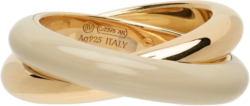 Bottega Veneta Silver & Beige Enamel Interlocked Ring