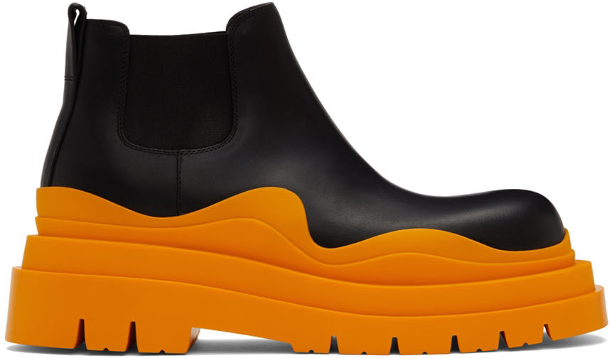 Bottega Veneta Black & Orange Tire Chelsea Boots