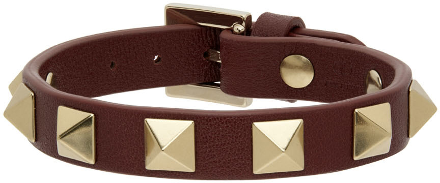 Valentino Garavani Burgundy Leather Rockstud Bracelet