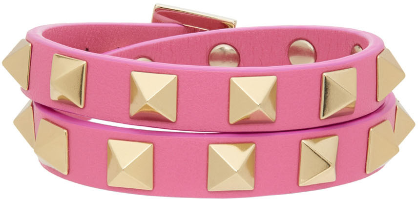 Valentino Garavani Pink Leather Rockstud Double Bracelet