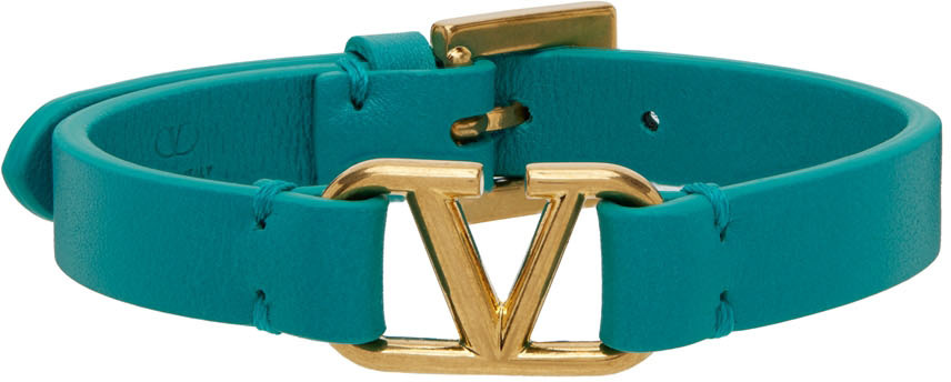 Valentino Garavani Green & Gold Leather VLogo Bracelet
