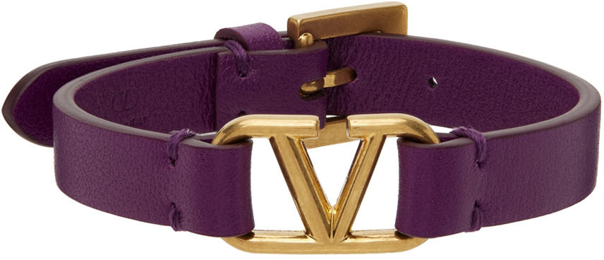 Valentino Garavani Purple & Gold Leather VLogo Bracelet