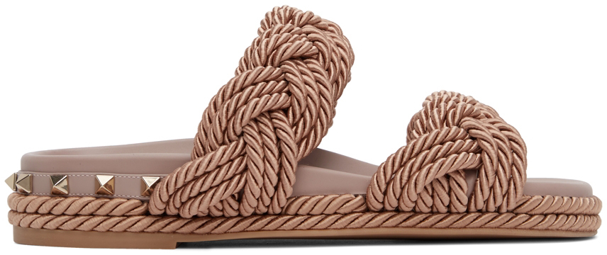 Valentino Garavani Taupe Rope Rockstud Flat Sandals