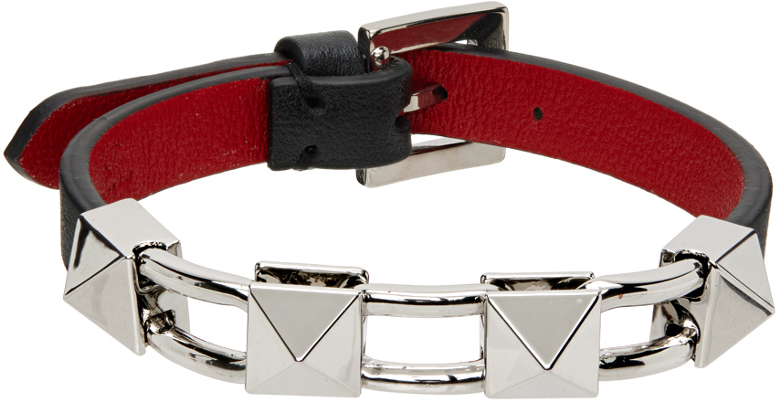 Valentino Garavani: Black Leather Rockstud Bracelet | SSENSE UK