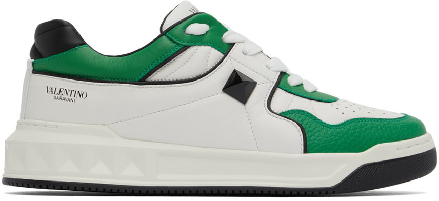 Valentino Garavani White & Green One Stud Sneakers