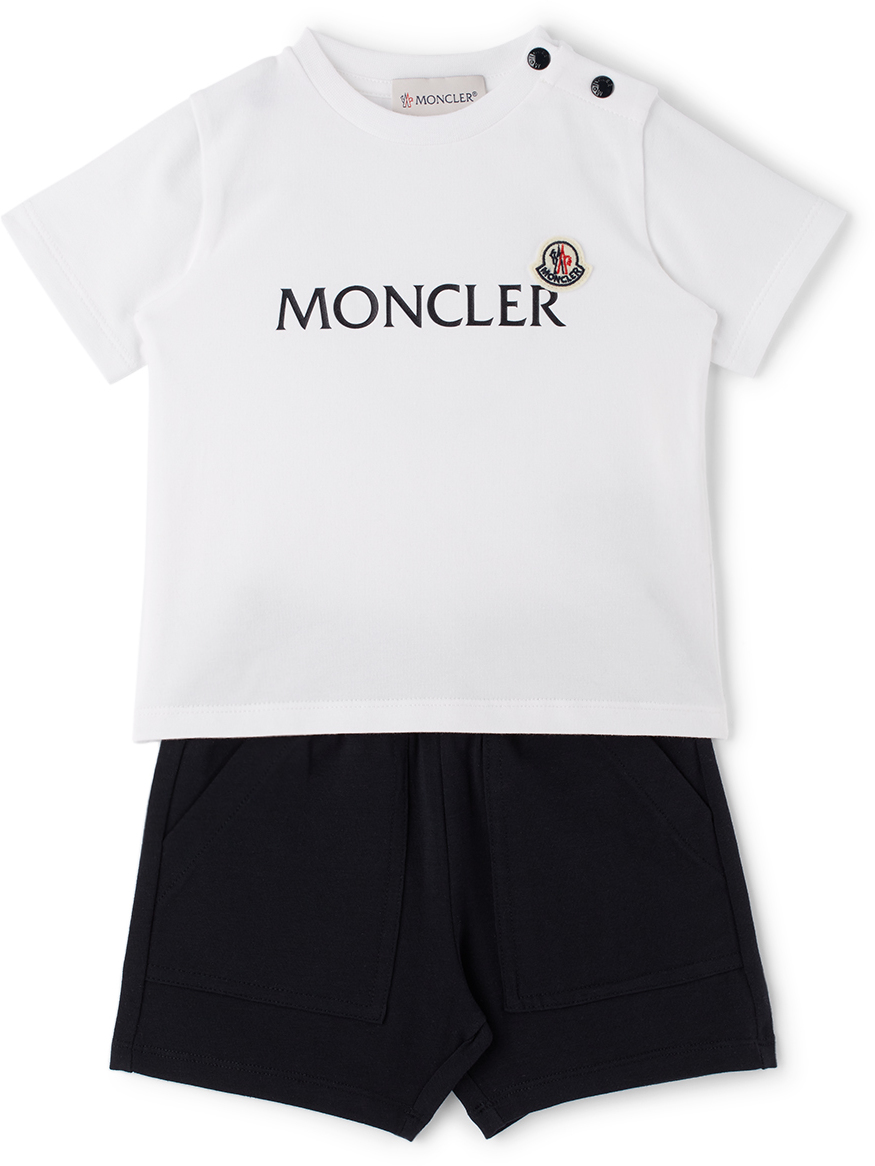 Moncler Enfant ベビー｜ホワイト＆ネイビー ロゴ Tシャツ＆ショート