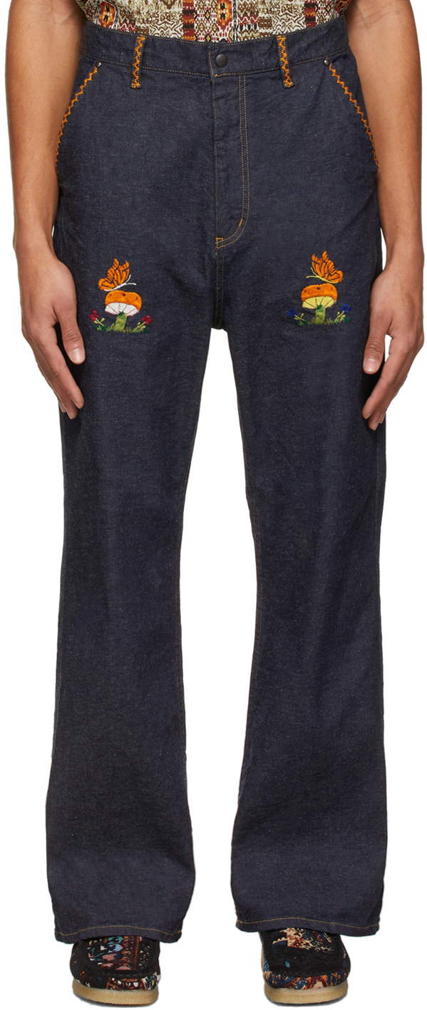 NEEDLES: Indigo P&M Embroidery Boot-Cut Jeans | SSENSE