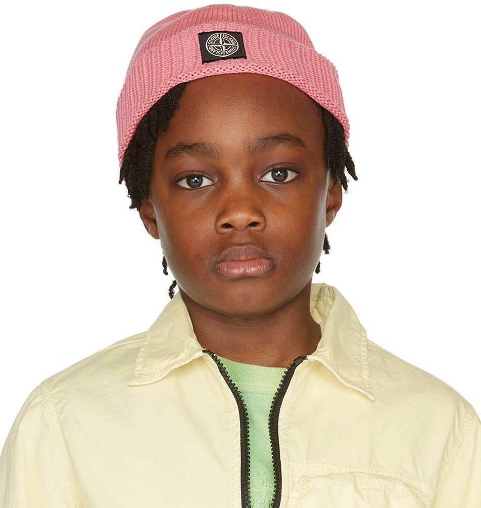 Kids Pink Logo Beanie by Stone Island 