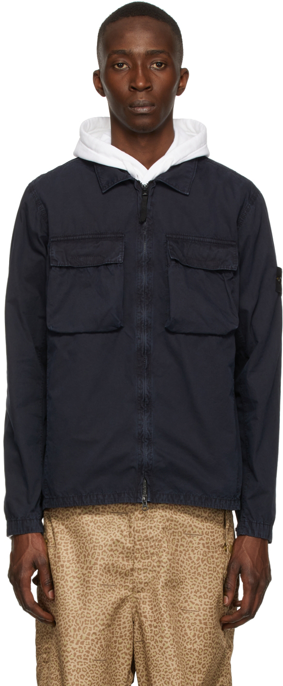 Navy Old Effect Overshirt Jacket by Stone Island on Sale