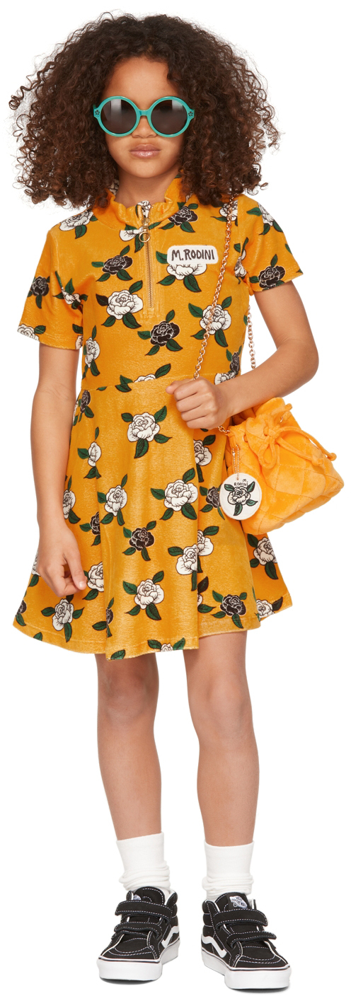 Mini Rodini Kids Yellow Velour Rose Dress