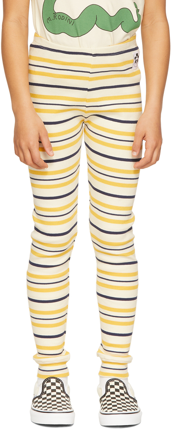 Shop Mini Rodini Kids Off-white & Yellow Stripe Leggings