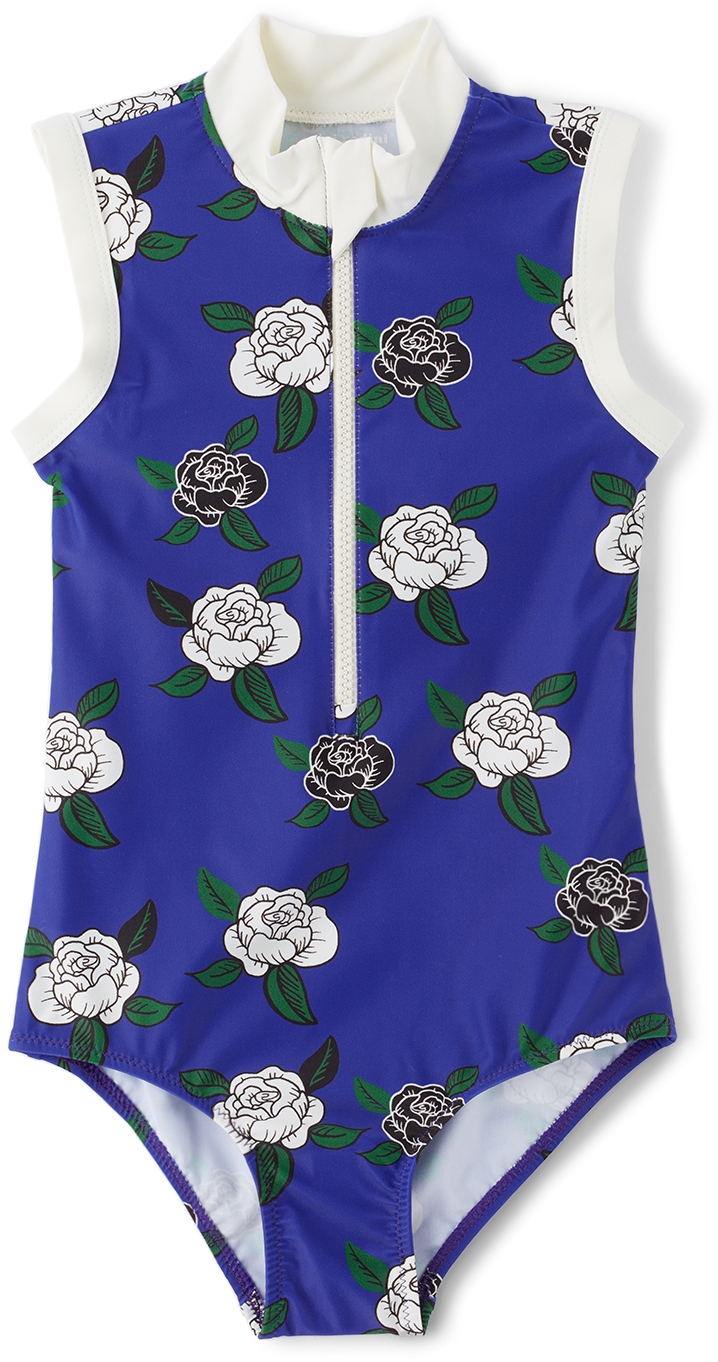 Mini Rodini Kids Blue Rose Zip One-piece Swimsuit