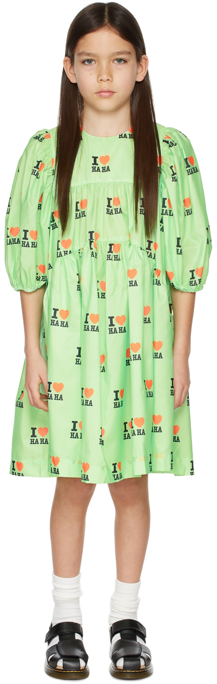 CRLNBSMNS KIDS GREEN 'I LOVE HAHA' DRESS