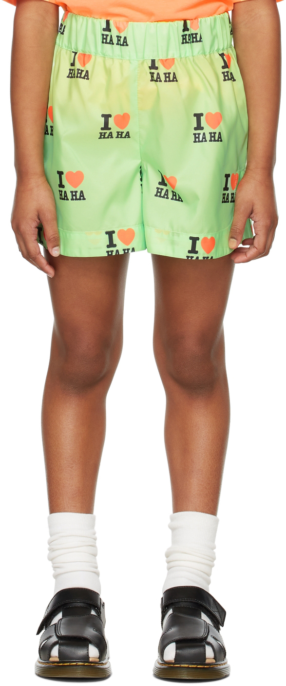 Shop Crlnbsmns Kids Green 'i Love Haha' Shorts In I Love Haha Fluo Gre
