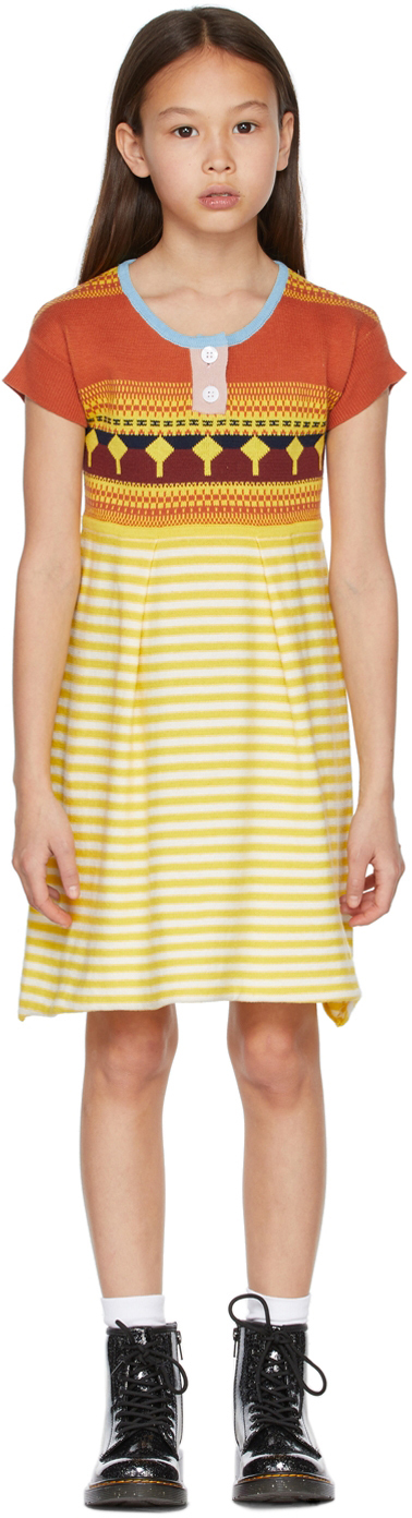 Ligne Noire Kids Yellow & Orange Jacquard Little Dress In Yellow