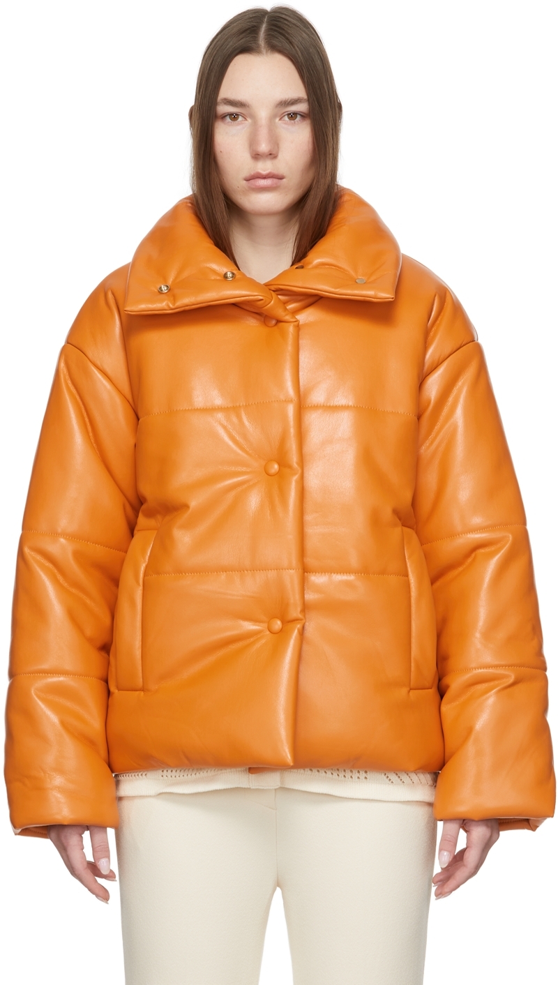 Orange Hide Puffer Vegan Leather Jacket by Nanushka on Sale