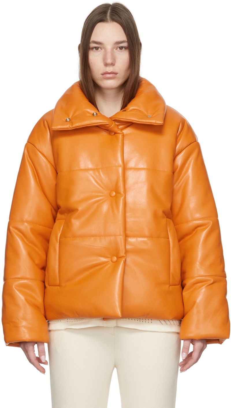 Orange Hide Puffer Vegan Leather Jacket