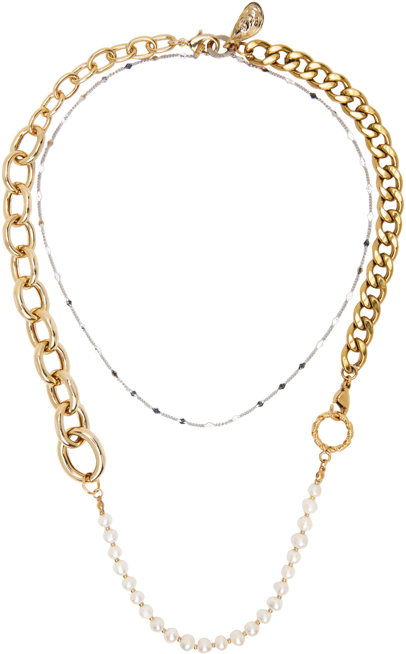 Bless: White & Gold Material Mix Necklace | SSENSE Canada