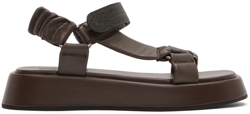 Brunello Cucinelli Brown Leather Crystal Velcro Sandals In C8243 Ebano