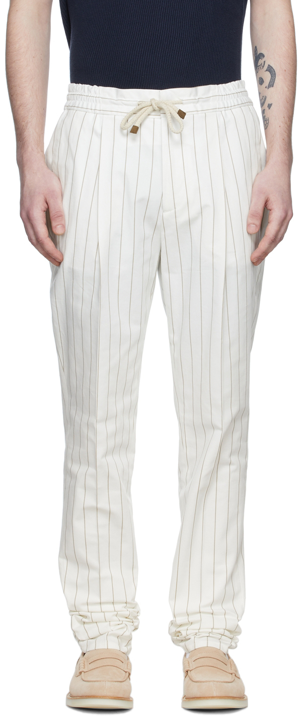 Brunello Cucinelli Off-White Cotton Stripe Trousers