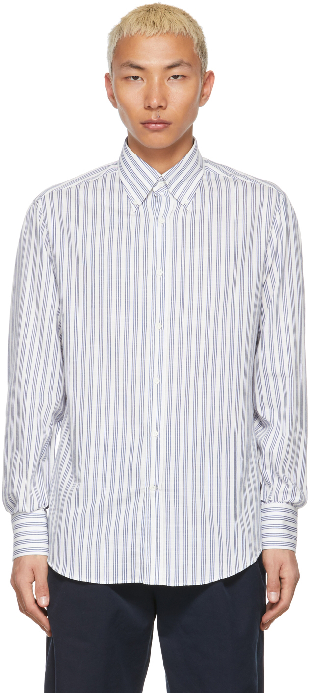 Brunello Cucinelli: White & Blue Cotton Basic Fit Shirt | SSENSE