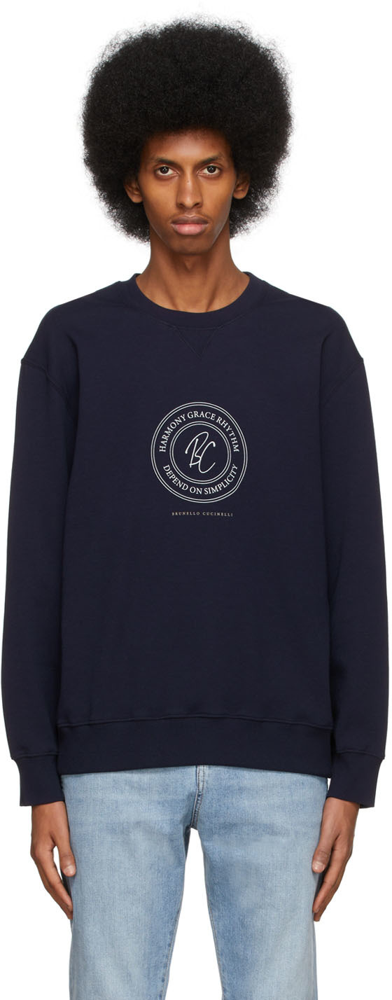 Brunello Cucinelli Navy Techno Cotton Print Sweatshirt