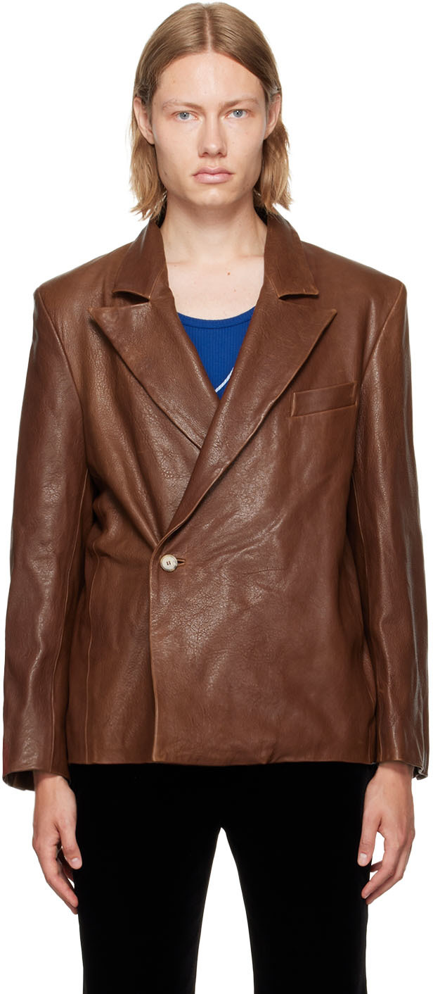 Brown Double-Breasted Leather Jacket SSENSE Men Clothing Jackets Leather Jackets 