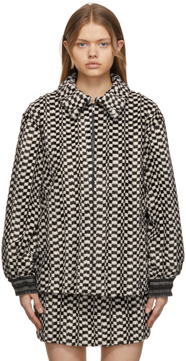 Black & Off-White Faux-Fur Checkerboard Jacket by Anna Sui on Sale
