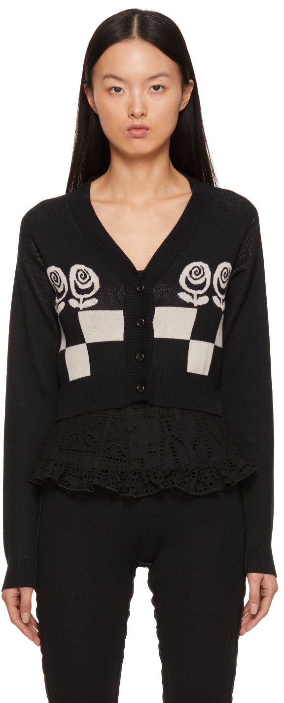 Anna Sui Black & White Rose Checker Sweater